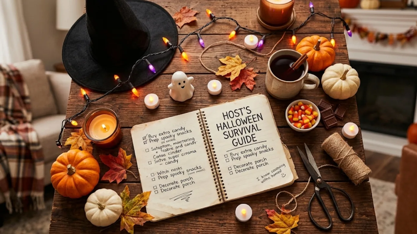 Lista de sobrevivência de Halloween de um anfitrião num caderno sobre uma mesa de madeira, rodeada de abóboras, velas, luzes decorativas e um chapéu de bruxa