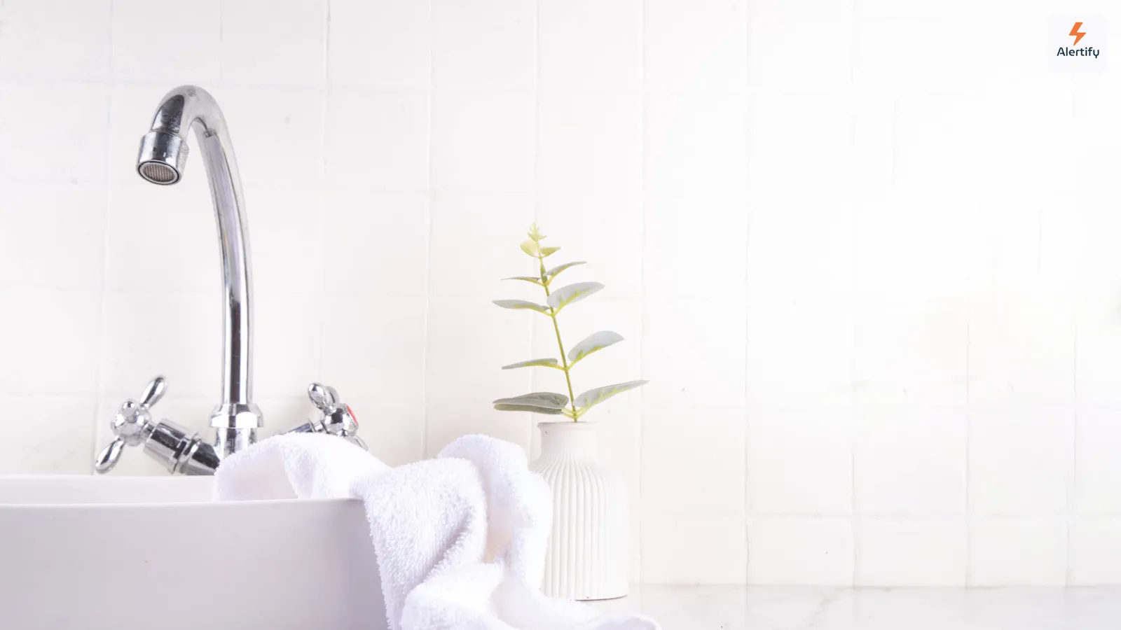 Uma casa de banho branca e luminosa com um lavatório, uma toalha dobrada e uma pequena planta em vaso — o tipo de divisão húmida onde o bolor se instala primeiro.