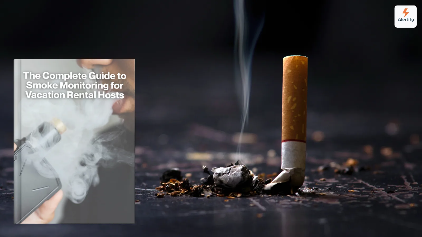 Capa em estilo e-book do guia completo de monitorização de fumo junto a um cigarro apagado numa superfície escura