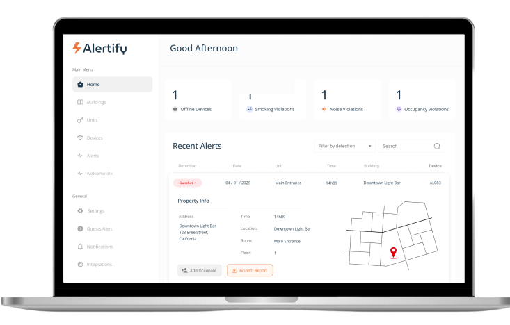 Painel da Alertify a mostrar um alerta recente de disparo com informação do imóvel e um mapa que identifica de onde veio o tiro