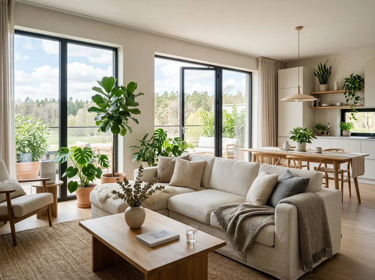 Uma sala de estar luminosa e tranquila numa casa moderna para arrendar